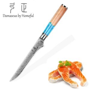 Damascus Fish Fillet Knife - Hand Forged, Sharp And Flexible, Blue Resin Handle, Perfect For Cutting Fish