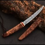 Double Dragon Damascus Pocket Knife with Wooden Handle
