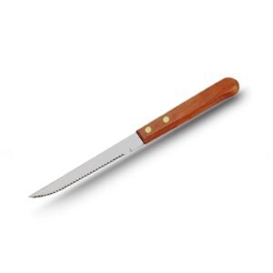 Stainless steel serrated knife with practical wooden handle and plastic handle