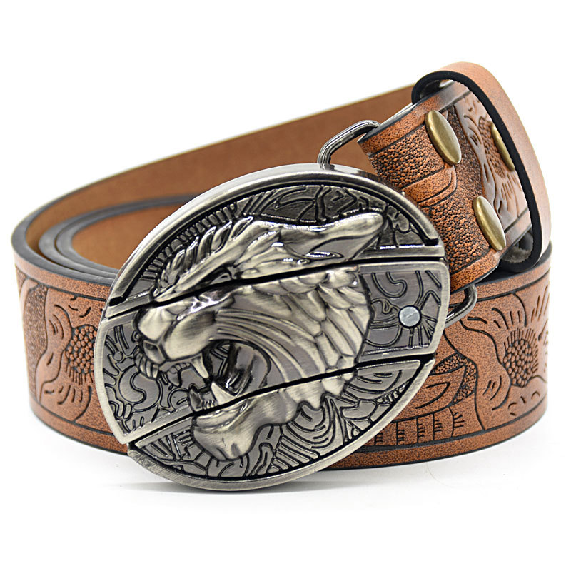 3038c78e99816ebc3246660125fd1d4.png Belt Buckle Pocket Knife-Tiger Head Knife Buckle Embossed Brown - Image 1