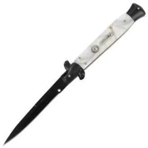 8.75 Inch Black Italian Stiletto Switch Pocket Knife Black Pearl - Image 6