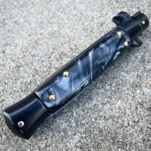 8.75 Inch Black Italian Stiletto Switch Pocket Knife Black Pearl - Image 4