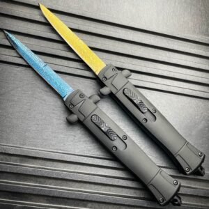 9 inch Auto knife Italian Stiletto Style OTF Knife Damascus Etch - Image 5