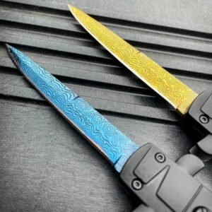 9 inch Auto knife Italian Stiletto Style OTF Knife Damascus Etch - Image 6